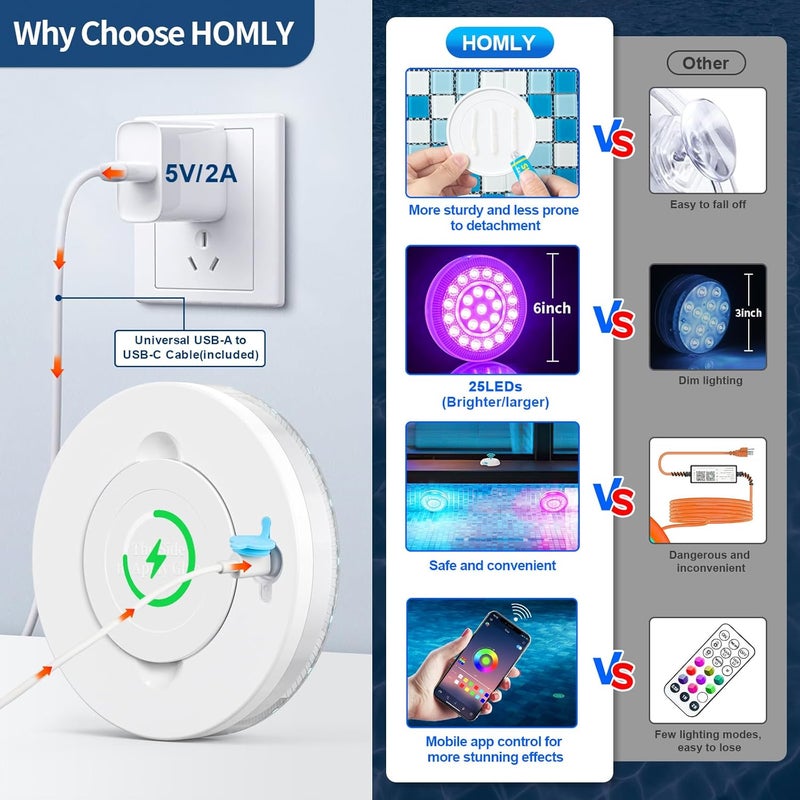 HOMLY Rechargeable Submersible Pool Lights with Wireless APP Control, Waterproof Underwater Smart LED Lights Controlled Multiple Lighting Modes, 4000mAh Magnets Lights for Multi Scene Pool Decoration - Image 5